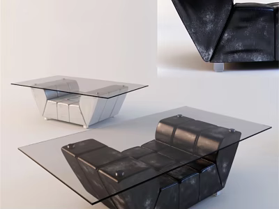 Modern Glass Coffee Table With Black Leather Sofa In Living Room 3d model