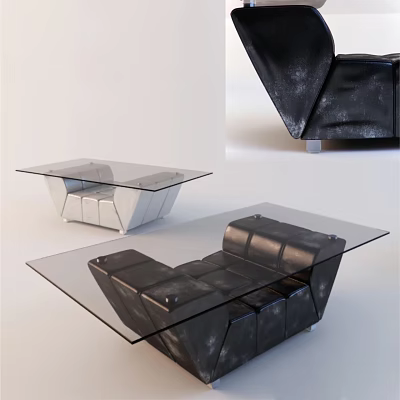Modern Glass Coffee Table With Black Leather Sofa In Living Room 3d model