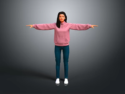 Game Movie Character Female In Pink Hoodie Blue Jeans White Shoes Arms Outstretched Gray Background 3d model