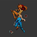 Blue Clad Character and Orange Mechanical Creature in Dynamic Jumping Pose With Circular Shields 3d model