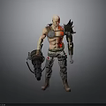 Bald Warrior Character With Red Tattoos Mechanical Arm Large Weapon And Tattered Combat Outfit