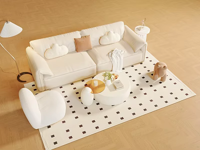 Modern Sofa and Coffee Table Set With White Sofa Cushions Flowers Books and Patterned Rug 3d model