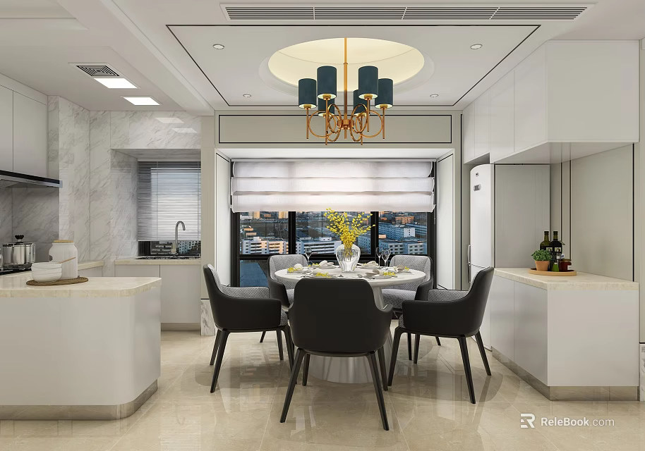 Open Design Dining and Living Room With White Cabinets Round Table Black Chairs and Chandelier 3d model 