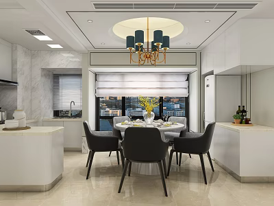 Open Design Dining and Living Room With White Cabinets Round Table Black Chairs and Chandelier 3d model