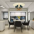Open Design Dining and Living Room With White Cabinets Round Table Black Chairs and Chandelier