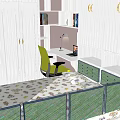 Cozy Small Room Interior With White Cabinets Shelf Yellow Chair And Green Railings
