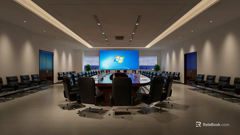 Modern Conference Room Interior With Round Table Large Screen And Black Chairs 3d model 