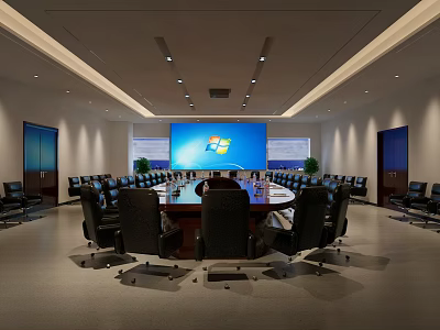 Modern Conference Room Interior With Round Table Large Screen And Black Chairs 3d model