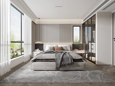 Modern Bedroom Interior With Large Windows Bed Gray Blanket Gray Carpet And Glass Wardrobe 3d model