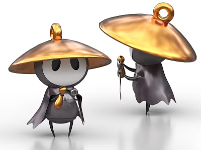 Two Cartoon Dolls With Golden Hats And Dark Capes Holding Swords 3d model
