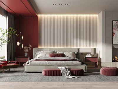 Modern Bedroom Interior With Red Walls Striped Accent Wall Large Bed And Wooden Flooring 3d model