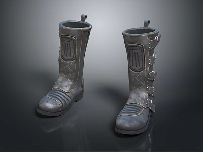 High Top Leather Boots With Lace Up Design Metallic Buckles And Stitched Details 3d model