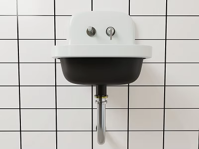 Modern Wall Mounted Washbasin On Black And White Grid Tiled Wall With Silver Drain Pipe 3d model
