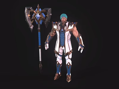 Mythical Warrior Character in Blue White Armor with Green Headband and Giant Blue Gem Axe 3d model