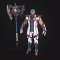 Mythical Warrior Character in Blue White Armor with Green Headband and Giant Blue Gem Axe
