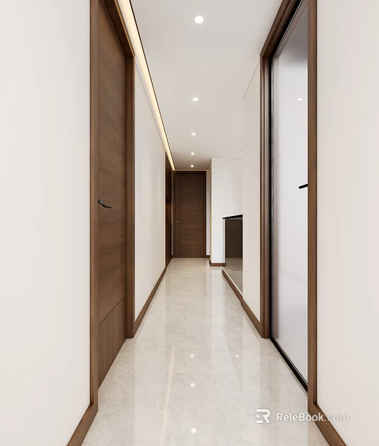 Modern Entryway Hallway Design With Wooden Doors Marble Flooring And Recessed Lighting 3d model 