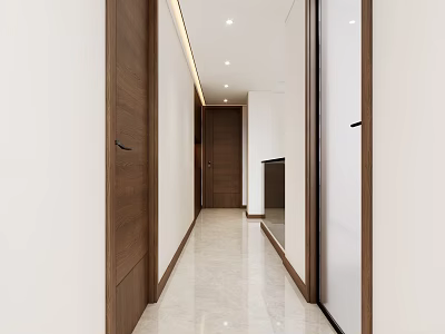 Modern Entryway Hallway Design With Wooden Doors Marble Flooring And Recessed Lighting 3d model