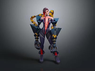 Purple Haired Fantasy Character With Biomechanical Arms Dark Outfit Yellow Red Accents 3d model