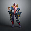 Purple Haired Fantasy Character With Biomechanical Arms Dark Outfit Yellow Red Accents