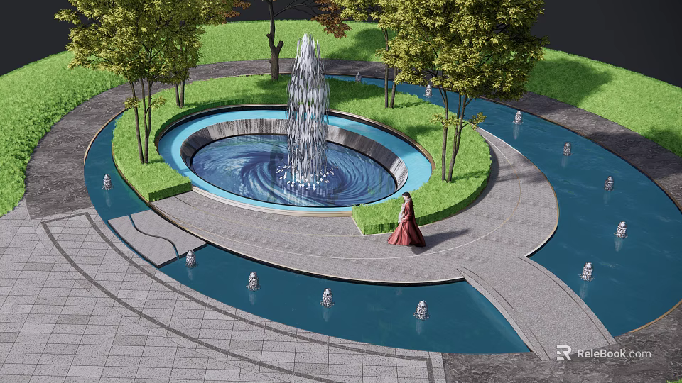 Decorative Garden Ornament with Circular Fountain Pool Surrounding Green Trees and Stone Pathway 3d model 