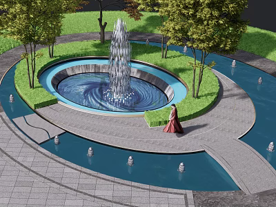 Decorative Garden Ornament with Circular Fountain Pool Surrounding Green Trees and Stone Pathway 3d model