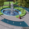Decorative Garden Ornament with Circular Fountain Pool Surrounding Green Trees and Stone Pathway