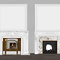 White Carved Fireplaces With Gold Accents And Marble Design Burning Fire