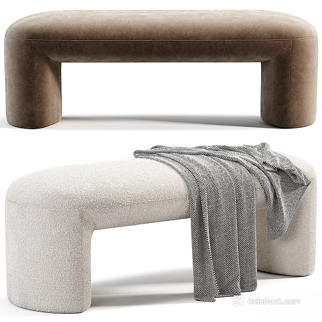 Brown and Beige Velvet Upholstered Sofa Bench with Gray Blanket 3d model 