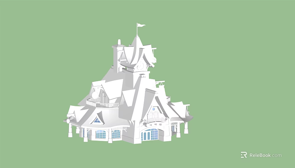 Ancient Traditional Building With Ornate Spired Roofs Flag And Decorative Windows 3d model 
