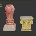 Decorative Stone Pillars With Intricate Carved Floral And Scroll Designs On Black Reflective Surface