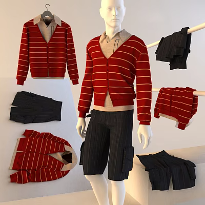 Model Wearing Red Striped Cardigan Beige Inner Top And Dark Shorts With Matching Outfits 3d model