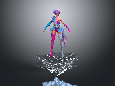 Fantasy Female Character With Purple Hair Colorful Outfit Blue Sleeves And Transparent Ice Crystal Base 3d model