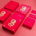 Red Gift Boxes With Golden Dragon Patterns And Traditional Chinese Design Elements