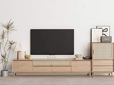 Minimalist Wooden TV Stand With Flat Screen TV Potted Plant Table Lamp And Decorative Items 3d model