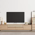 Minimalist Wooden TV Stand With Flat Screen TV Potted Plant Table Lamp And Decorative Items