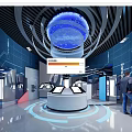 Innovative Modern Exhibition Hall Featuring Circular Display Stand Blue Lighting And Interactive Screens 3d model