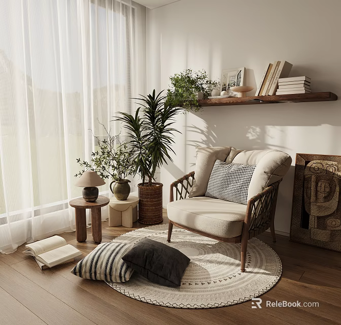 Cozy Beige Lounge Chair With Round Rug Pillows Small Side Table And Green Plants 3d model 