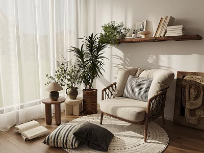 Cozy Beige Lounge Chair With Round Rug Pillows Small Side Table And Green Plants 3d model