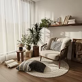 Cozy Beige Lounge Chair With Round Rug Pillows Small Side Table And Green Plants