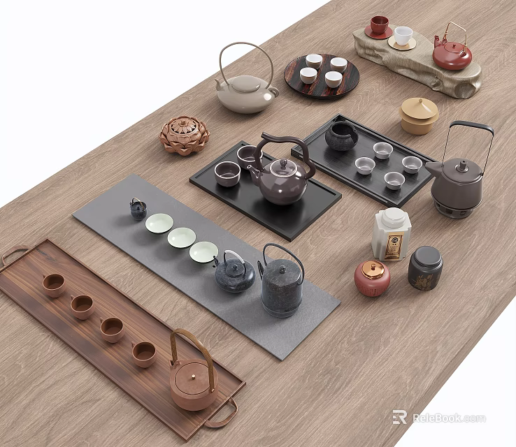 Elegant Traditional Ceramic Tea Sets with Teapots Cups and Wooden Trays on Table 3d model 