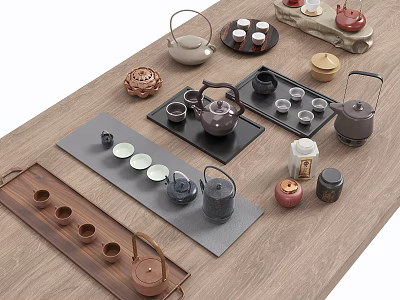 Elegant Traditional Ceramic Tea Sets with Teapots Cups and Wooden Trays on Table 3d model