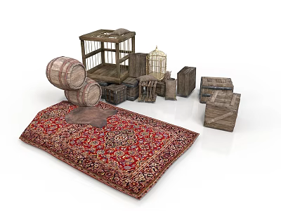 Vintage Household Items Including Red Patterned Rug Wooden Crates Barrel And Birdcage 3d model