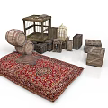 Vintage Household Items Including Red Patterned Rug Wooden Crates Barrel And Birdcage