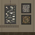 Three Abstract Paintings Black Framed Hanging On Light Wall With Floral Patterns And Striped Accent