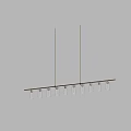 Linear Chandelier With Multiple Glass Shades Hanging On Long Metal Bar Against Light Wall