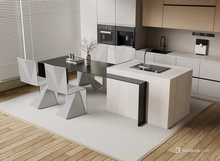 Modern Open Kitchen Bar Counter With Dining Table Chairs And Cabinets 3d model 