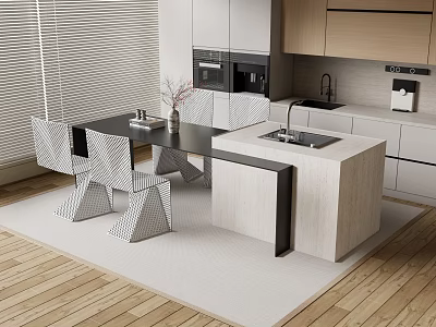 Modern Open Kitchen Bar Counter With Dining Table Chairs And Cabinets 3d model
