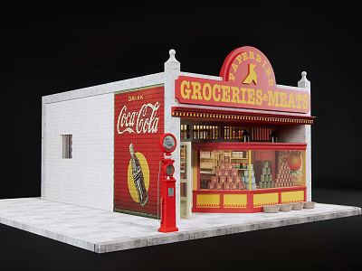 Traditional Grocery Store Exterior Featuring Coca Cola Sign Red Dispenser And Window Product Displays 3d model