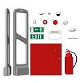 Fire Safety Equipment Set With Red Exit Door Fire Extinguisher And Green Exit Sign