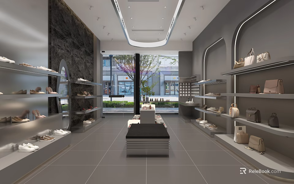 Modern Shoe And Bag Store Interior With Shelves Display Table Bright Lighting And Large Windows 3d model 